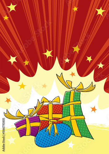 four cartoon christmas gifts with ribbons and bows with starburst exploding background in red with manga impact rays background celebration sale full page