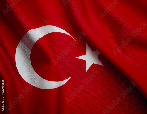 Türkiye flag waving in the wind. Close up of Türkiye banner blowing, soft and smooth silk. Cloth fabric texture ensign background. Use it for national day and country occasions concept photo