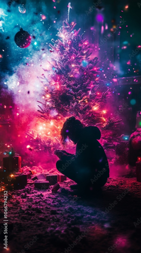 A Silhouette of a Child Watching the Beautifully Lit Christmas Tree A Silhouette of a Child Watching the Beautifully Lit Christmas Tree