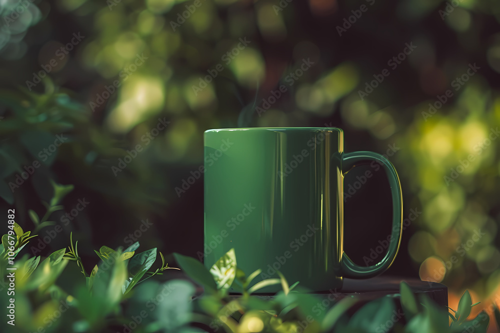 Obraz premium A vibrant green mug sits among fresh foliage, exuding a tranquil and refreshing vibe perfect for a cozy outdoor retreat.