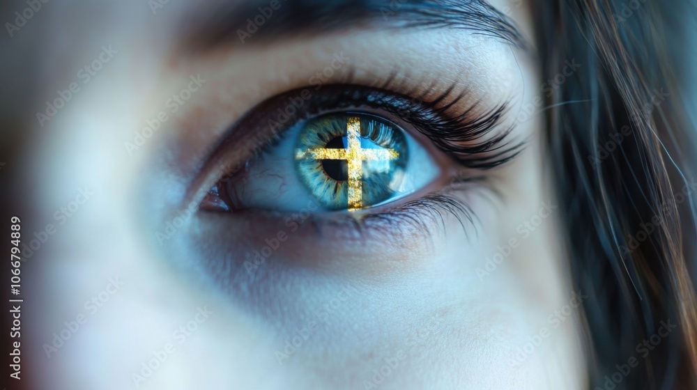 Close-up of blue eye reflecting cross symbol, spiritual meaning, faith concept, inner peace, belief, Christian symbolism, religion, hope, detailed vision Close-up of blue eye reflecting cross symbol, spiritual meaning, faith concept, inner peace, belief, Christian symbolism, religion, hope, detailed vision