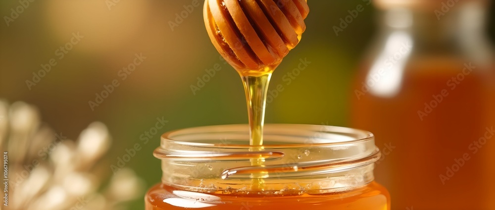 Shot of honey dripping from a honey dipper into a glass jar