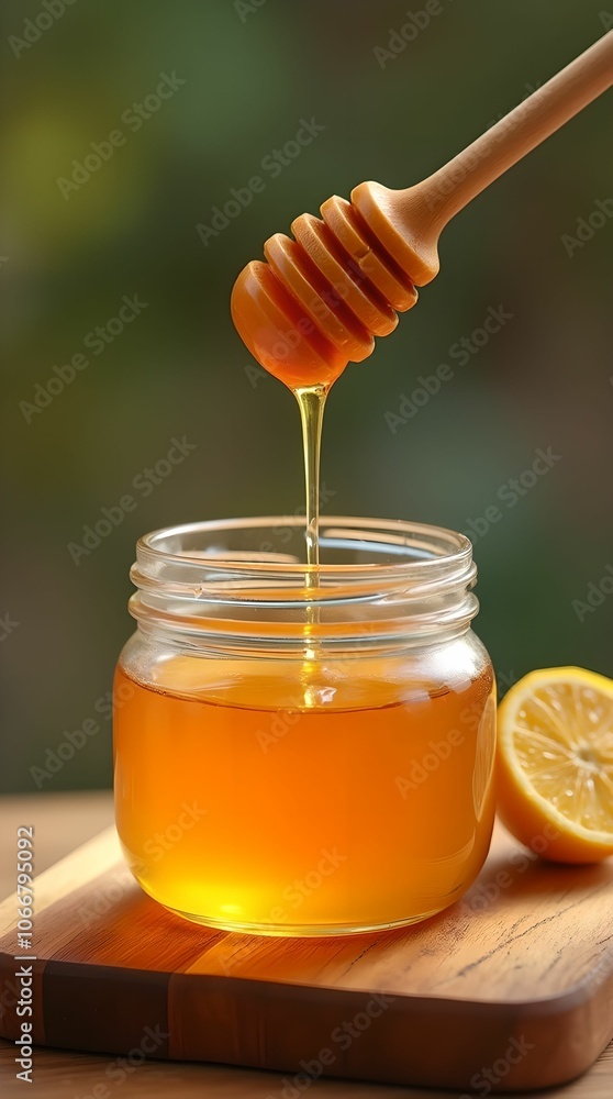 Shot of honey dripping from a honey dipper into a glass jar Shot of honey dripping from a honey dipper into a glass jar