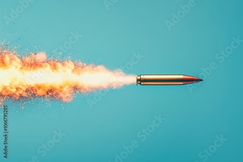 Bullet flying with fire trail. A golden bullet is flying with a trail of smoke and photo