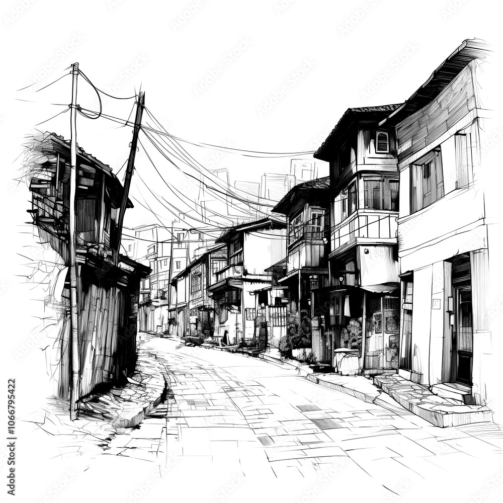 Fototapeta premium Street with houses and road in black and white color sketch png on transparent white background. Street landscape in ink.