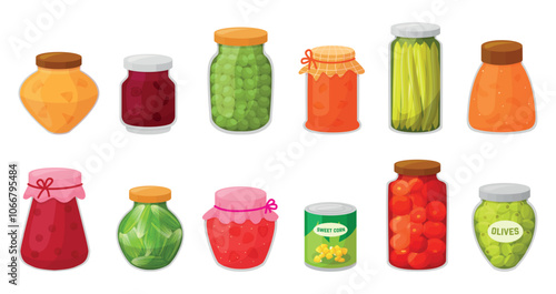 Cartoon canned food. Vegetables preserves, homemade marmalade compote glass jars. Tomatoes pickles olives corn fruits neoteric vector clipart