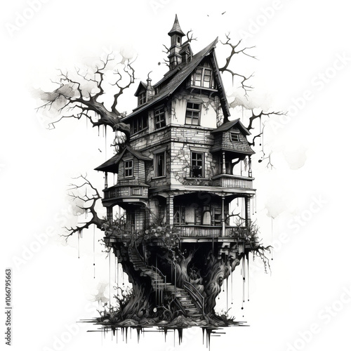 Old scary crumbling house ink sketch on transparent white background png. Gothic architecture with simple black pencil. photo