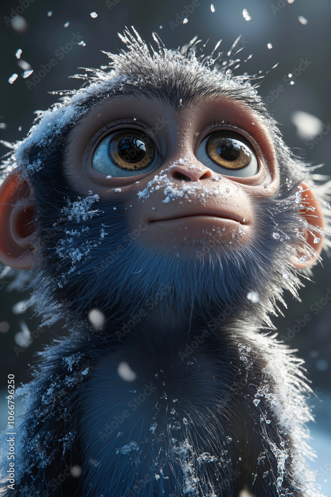 A baby monkey with big eyes in the snow A baby monkey with big eyes in the snow
