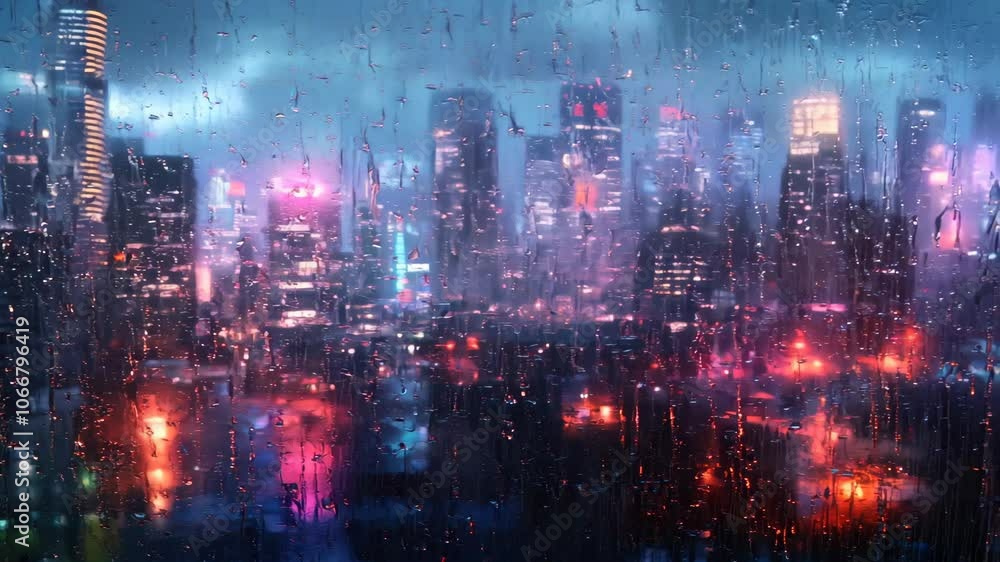 Beautiful night cityscape through rain-drenched window, serene scene Beautiful night cityscape through rain-drenched window, serene scene