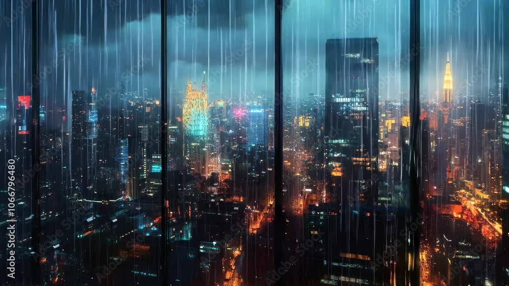 Night cityscape through rain-drenched window, creating serene atmosphere. Night cityscape through rain-drenched window, creating serene atmosphere.