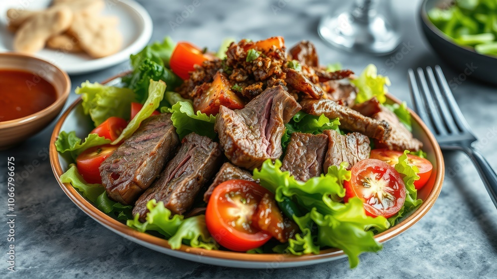 Aerial View of a Delicious Steak Salad with Lettuce and Tomatoes - High-Resolution Food Photography Aerial View of a Delicious Steak Salad with Lettuce and Tomatoes - High-Resolution Food Photography