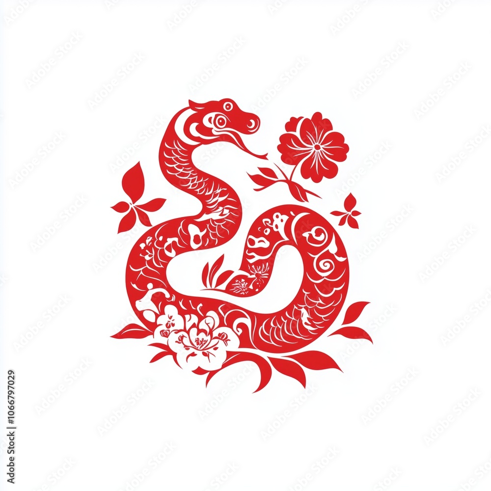 Obraz premium The zodiac sign is a snake carved from red paper on a white background.