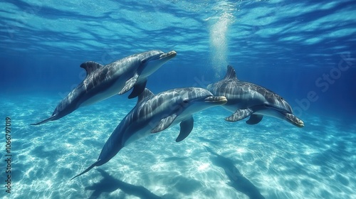 Three dolphins swim in the ocean. Perfect for nature, animal, and marine life websites, presentations, and social media.