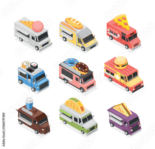 Isometric food trucks. Fast food and drinks truck for market or street fair. Ice cream burger pizza sushi taco and coffee sale, flawless vector elements