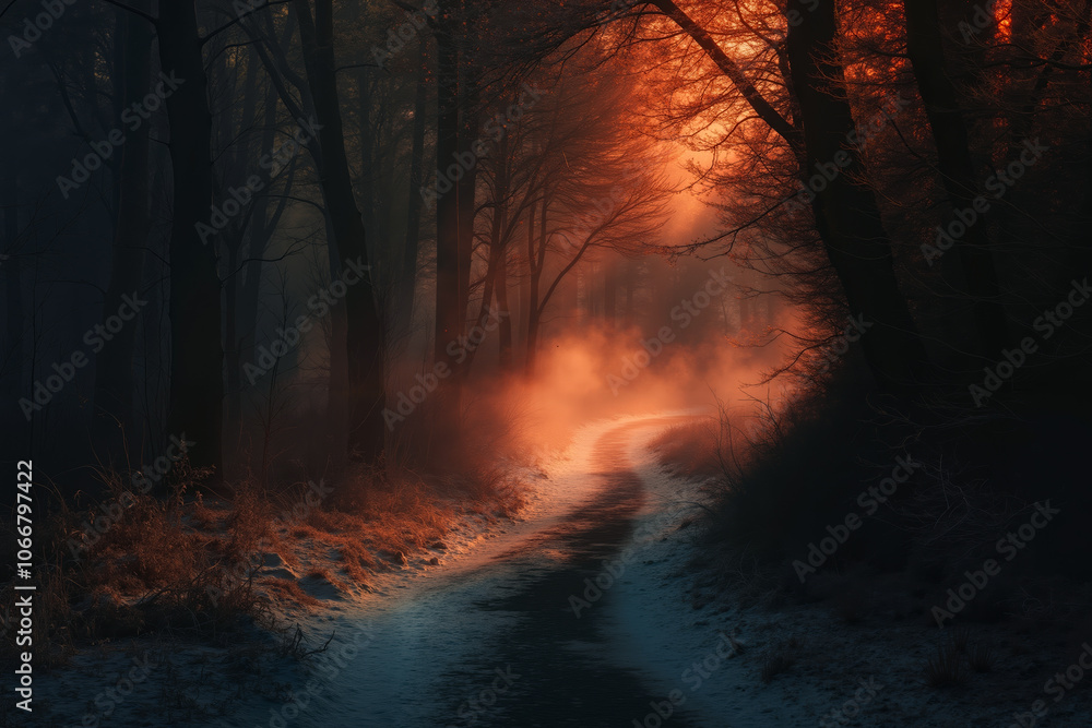 A dirt road in the middle of a foggy forest at sunset A dirt road in the middle of a foggy forest at sunset