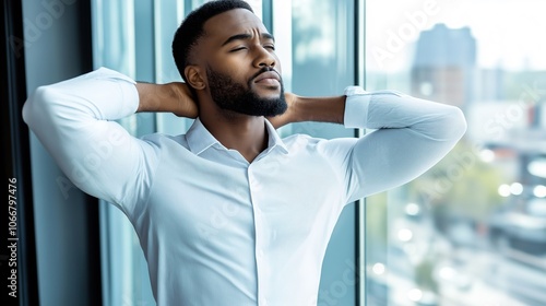 Office worker taking a break to do stretches in a modern office setting, promoting work-life balance and physical well-being in the workplace.