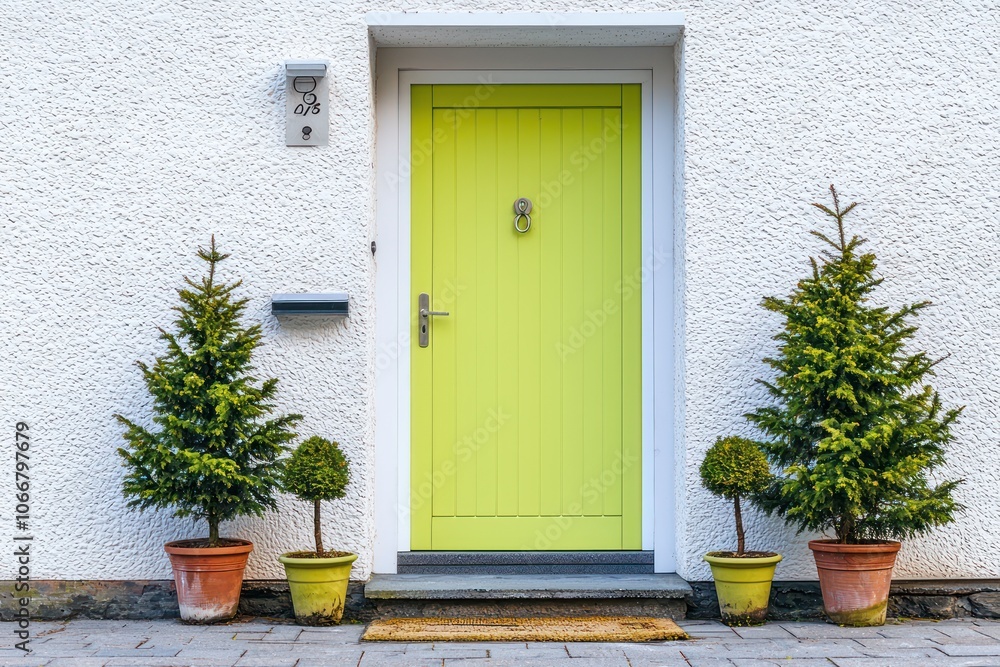 Fototapeta premium Chic exterior with a lime door and symmetrical potted spruces for a modern look.