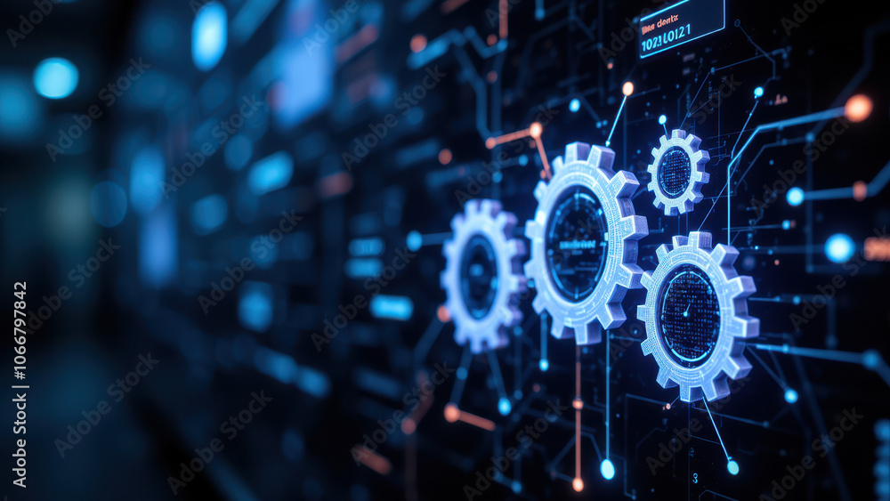 Image of a modern technology and engineering concept with interconnected gears and circuit boards, symbolizing continuous integration/continuous deployment (CI/CD) systems. Image of a modern technology and engineering concept with interconnected gears and circuit boards, symbolizing continuous integration/continuous deployment (CI/CD) systems.