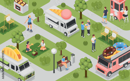 Isometric street food festival. City park location with people and different cuisine trucks and counters. Human walking eating reading flawless vector background