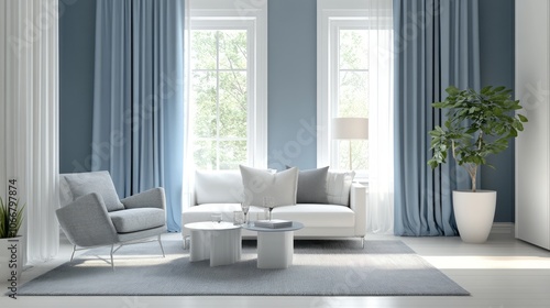 Modern living room with white furniture and blue accents