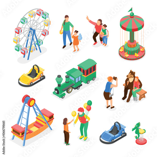 Isometric amusement park elements. Ferris wheel cars swing boat, clown and circus animal bear. Children with parents walking, flawless vector set