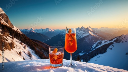 Relax and savor a refreshing cocktail with breathtaking mountain views. Perfect for showcasing alpine leisure and indulgence in a winter wonderland