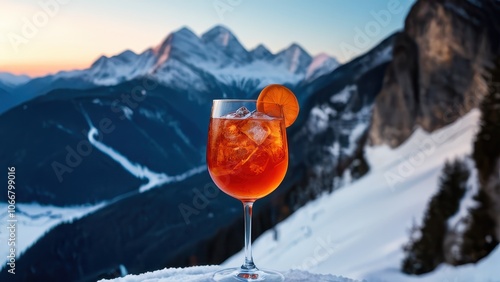 Relax and savor a refreshing cocktail with breathtaking mountain views. Perfect for showcasing alpine leisure and indulgence in a winter wonderland