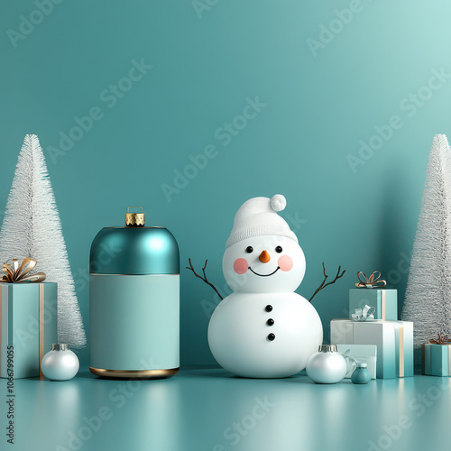 Cheerful snowman with rosy cheeks beside festive gifts and decorations. scene features turquoise background, silver trees, and stylish bottle, creating joyful holiday atmosphere photo