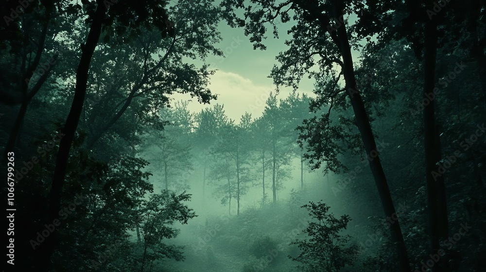 Obraz premium The scene captures the dense, lush green trees shrouded in a perfect layer of fog, creating tranquil atmosphere. The forest is rich with various shades of 