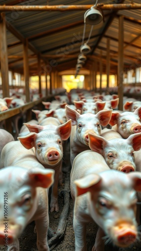 A group of piglets stand close together in a barn, looking out at the camera