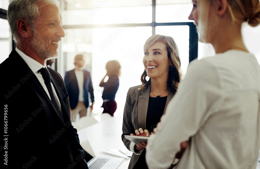Fototapeta premium Business people, tablet and conversation in office for teamwork, discussion or brainstorming. Women, mature man and technology for collaboration, together and mentorship as employees with company ceo