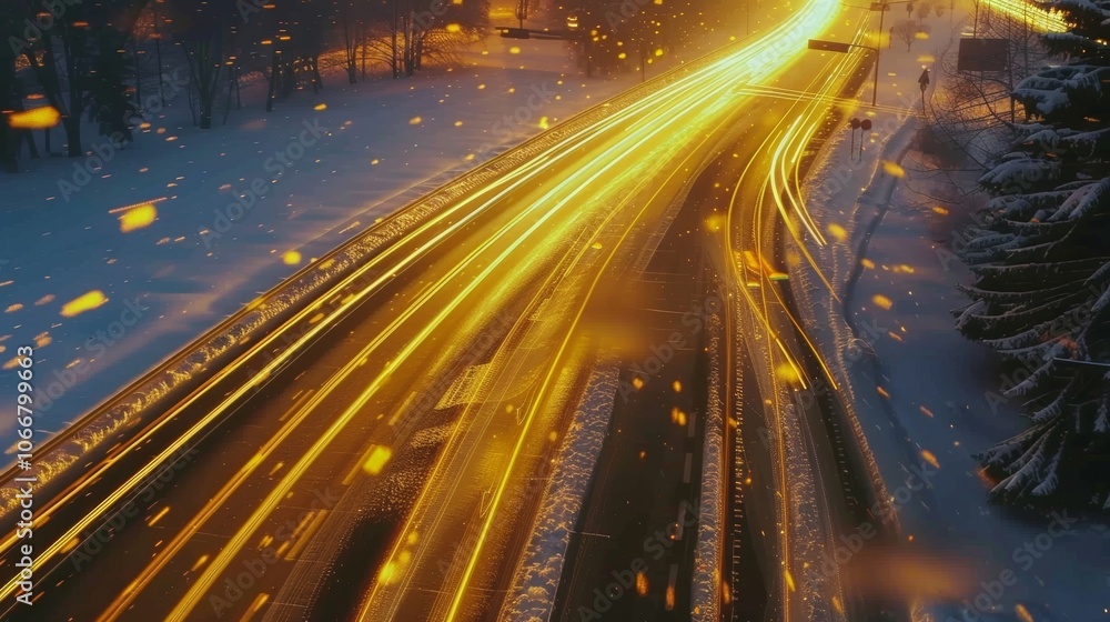 Obraz premium Golden streams of light streak across the road as vehicles make their way through the snowy streets leaving behind a magical sight.