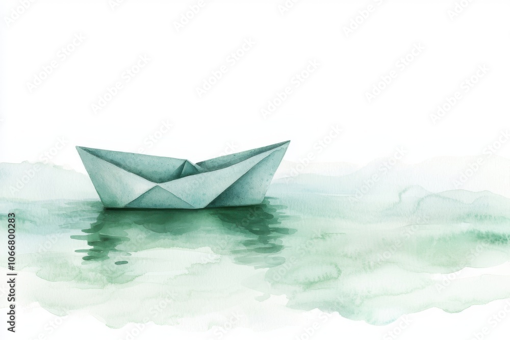 A serene paper boat floats gently on calm green water, creating a peaceful and tranquil atmosphere in this watercolor artwork. A serene paper boat floats gently on calm green water, creating a peaceful and tranquil atmosphere in this watercolor artwork.