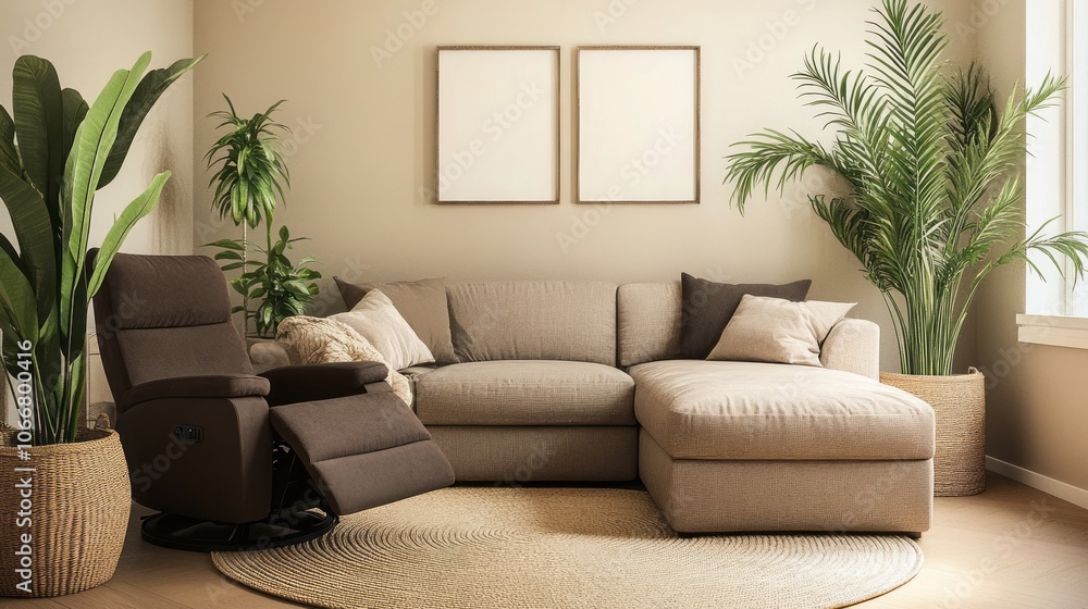 Modern Living Room with Beige Sectional Sofa, Recliner, and Plants Modern Living Room with Beige Sectional Sofa, Recliner, and Plants