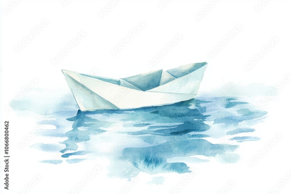 Obraz premium A serene watercolor illustration of a paper boat floating peacefully on a calm body of water, evoking tranquility and simplicity.