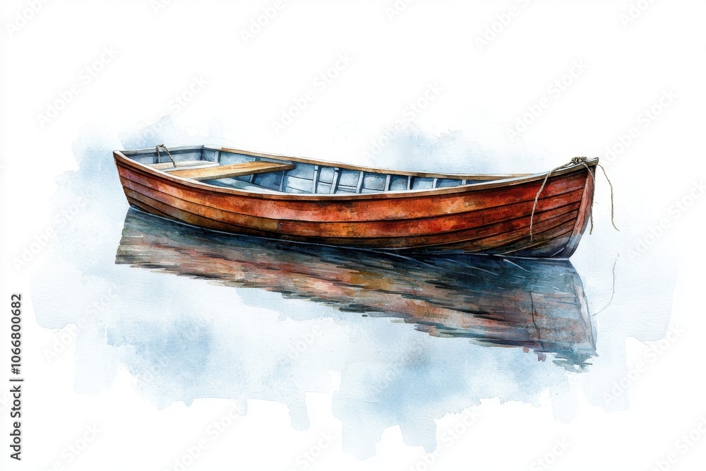 A serene watercolor painting of a wooden boat on calm water, reflecting its beauty and tranquility. A serene watercolor painting of a wooden boat on calm water, reflecting its beauty and tranquility.