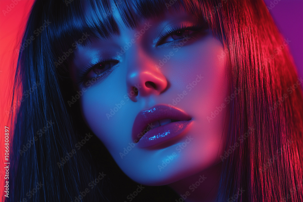 Striking portrait of a beautiful woman with straight dark hair illuminated by bright pink red and blue , neon glamorous close-up , creative female beauty fashion photo Striking portrait of a beautiful woman with straight dark hair illuminated by bright pink red and blue , neon glamorous close-up , creative female beauty fashion photo