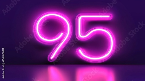 Purple Neon Number 95 Glowing On Dark Purple Background With Reflections, 3D Rendering