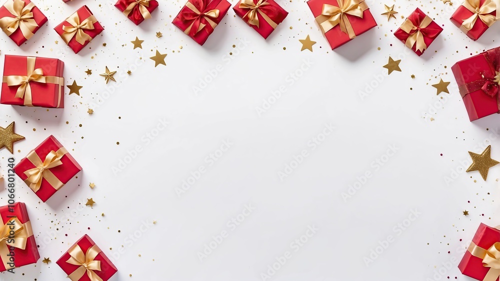 White background with red and gold gift boxes, star decorations, and confetti on the sides for Christmas or New Year banner decoration
White background with red and gold gift boxes, star decorations, and confetti on the sides for Christmas or New Year banner decoration