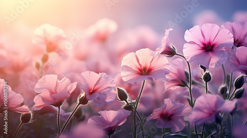 pink flowers wild field on the background of fog, morning view fragrance and coolness of petunia