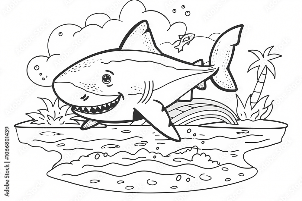 A cheerful cartoon shark swims in a vibrant ocean scene, surrounded by bubbles and tropical plants, perfect for coloring activities. A cheerful cartoon shark swims in a vibrant ocean scene, surrounded by bubbles and tropical plants, perfect for coloring activities.