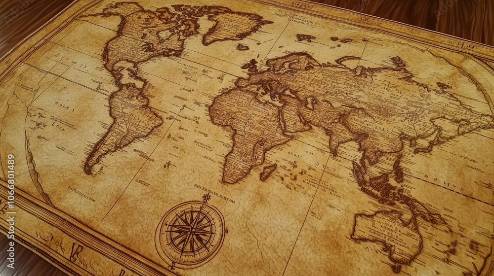 Fototapeta premium An aged, detailed world map printed on yellowed parchment with classic cartographic elements and a compass rose, evoking historical exploration and discovery in warm sepia tones
