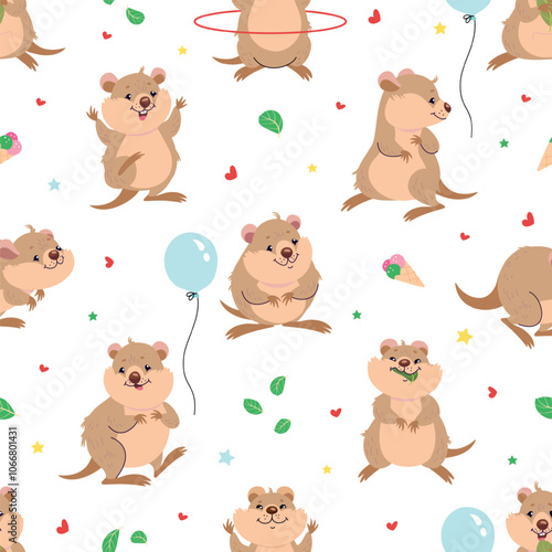 Quokka seamless pattern. Cute australian animal, funny cartoon little animals eating training smiling. Childish mascots print, nowaday vector background