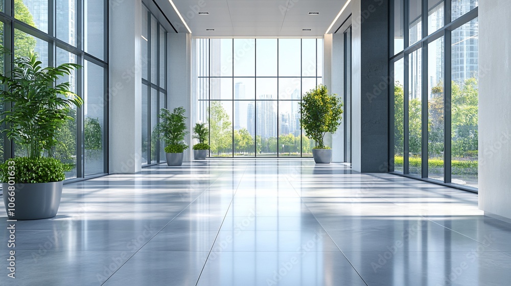 custom made wallpaper toronto digitalA modern office hallway with large windows, tiled floors, and potted plants, overlooking a city skyline.