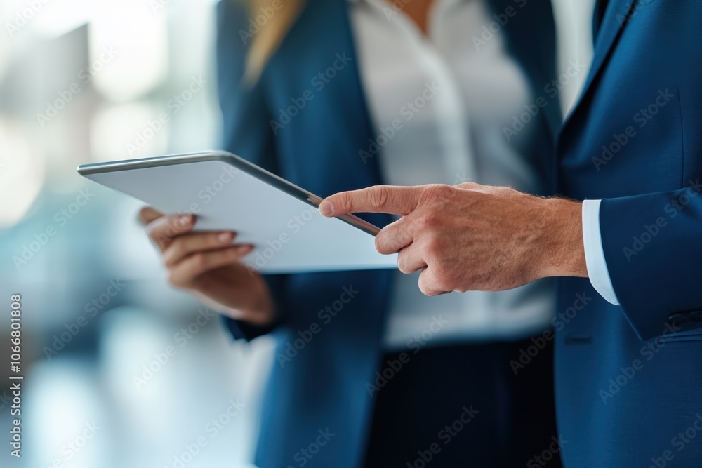 Close-up of two business executives collaborating on tablet Close-up of two business executives collaborating on tablet