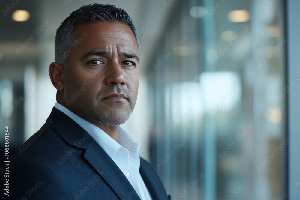 Middle-aged Hispanic businessman with serious expression in modern office Middle-aged Hispanic businessman with serious expression in modern office