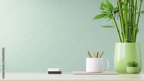 A clean and modern workspace featuring a green bamboo plant, a white mug with pencils, and a minimalistic design against a soothing, pale green wall.