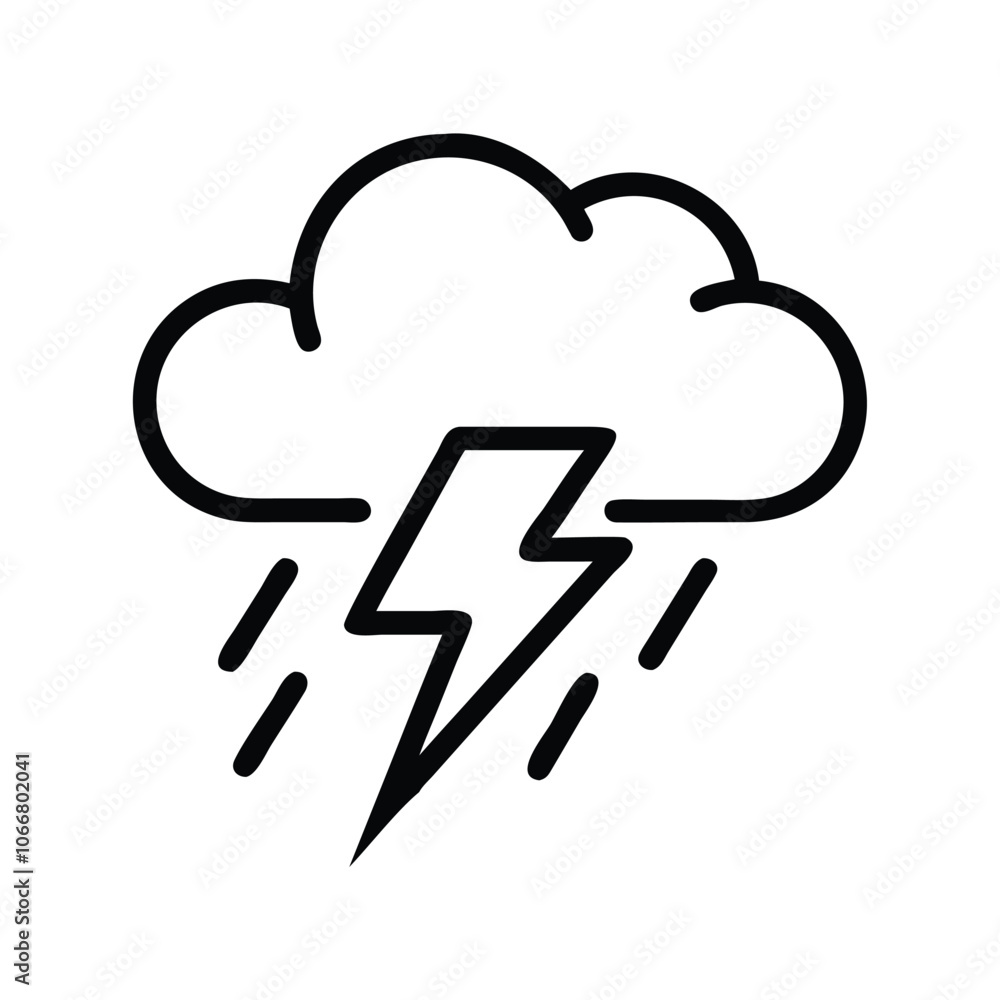 Thunderstorm Cloud Icon with Lightning Bolt, Simple black outline icon of a cloud with lightning bolt and rain, representing a thunderstorm, ideal for weather, forecast, and climate themes.
Thunderstorm Cloud Icon with Lightning Bolt, Simple black outline icon of a cloud with lightning bolt and rain, representing a thunderstorm, ideal for weather, forecast, and climate themes.