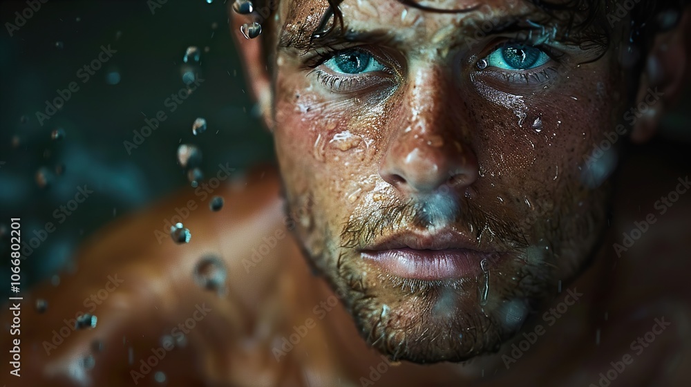 Close-up Portrait of a Man with Water Drops on His Face Close-up Portrait of a Man with Water Drops on His Face