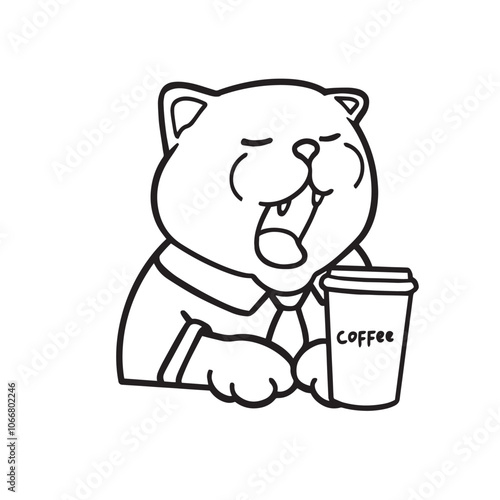 Sleepy Employee Cat with Coffee  T-shirt Coloring Transparent Vector Cute Illustration